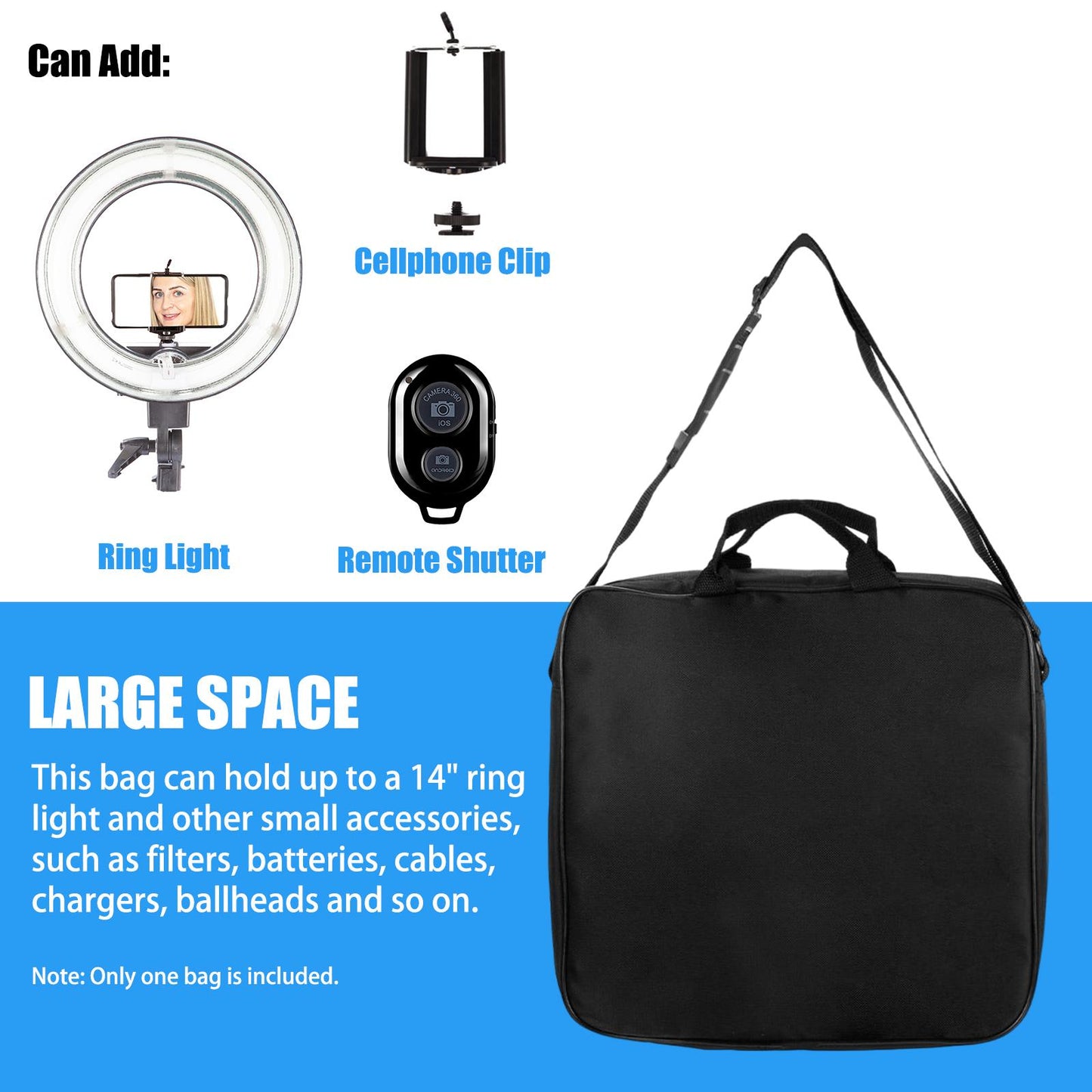 BOLLUMA Photography Carrying Bag, Protective Case for 14" Selfie Ring Light and Accessories, 14.2"x15.7"x3.9", Durable Nylon, Foam Padded, with Handle and Strap, Portable LED Ring Light Carrying Case