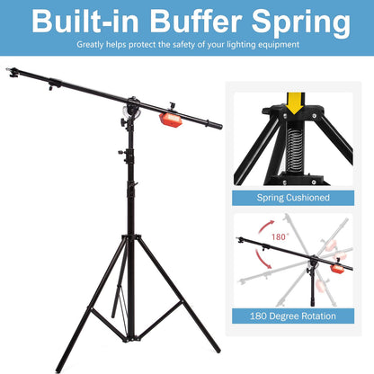 Photo Studio Heavy Duty Boom Light Stand with Boom Arm, Spring Cushioned Boom Arm Tripod Stand Wheeled with Counterweight and 120cm Carry Bag for Photography Video Reflector Softbox Flash Strobe