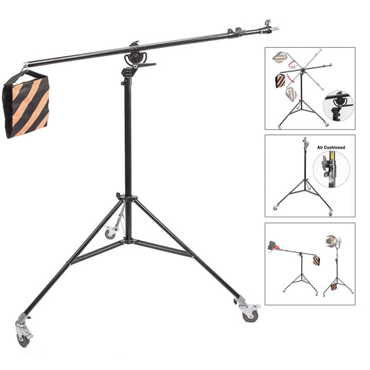 Studio 2-in-1 Professional Light Stand Boom Arm Kit, Adjustable 3.9m Overhead Tripod Stand Wheeled with 1.9m Boom Arm and Sandbag for Supporting Softbox Flash Lighting for Photo Photography Video