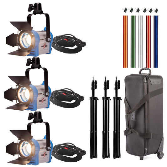 3x 150W Studio Fresnel Spotlight, Including Bulbs, 5 Coloured Gels, 3x 2m Light Stands and a Wheeled Flight Case