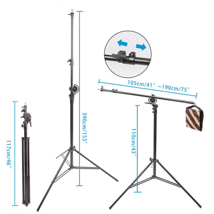 Studio 2-in-1 Professional Light Stand Boom Arm Kit, Adjustable 3.9m Overhead Tripod Stand Wheeled with 1.9m Boom Arm and Sandbag for Supporting Softbox Flash Lighting for Photo Photography Video