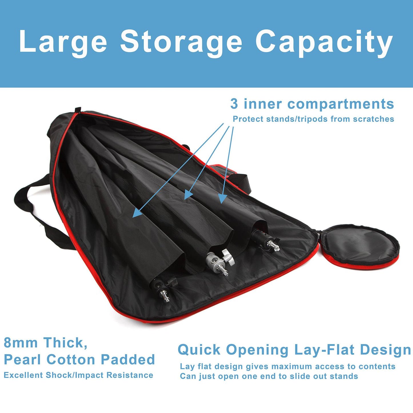 BOLLUMA 104cm Tripod Carrying Case, Heavy Duty Water-Repellent Bag with Handles and 3 Compartments, Full Length Zipper Closure, Padded Storage Bag for Light Stand, Mic Stand, Monopod, Telescope