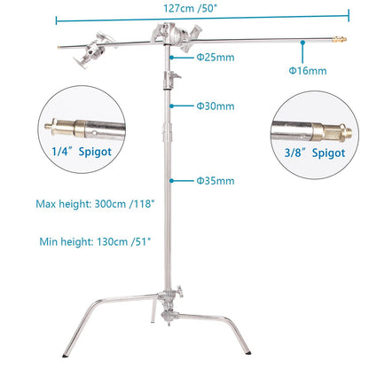 Film C-Stand Kit, Heavy Duty Stainless Steel Light Stand 10ft/300cm with Sliding Leg Wheels Holding Arm Grip Head, Adjustable Century Stand Wheeled for Photography Studio Reflector Lighting Equipment