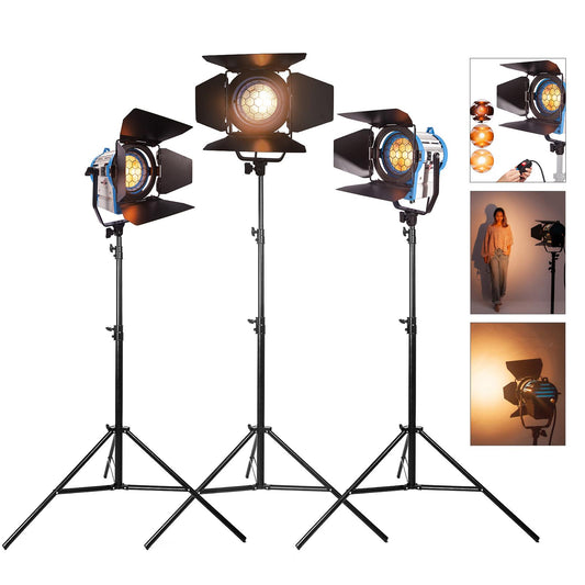 3x 650W Studio Fresnel Spotlight, Including Bulbs and 3x 3m Spring Cushioned Light Stands