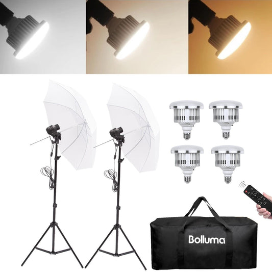 BOLLUMA Umbrella Lighting Kit with 85W Light Bulb Dimmable Bi-color, 2 Packs Photography White Umbrella, Light Stand with Bulb Socket, Carry Bag for Studio Video Portrait Continuous Lighting Kit