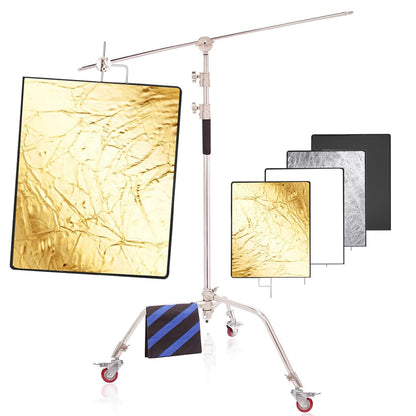 Professional Photography C Stand Kit with Reflector, Light Stand with 4-in-1 75x90cm Panel Reflector and Caster Wheels, 300cm Spring Cushioned Light Stand for YouTube Studio Photography Video Portrait