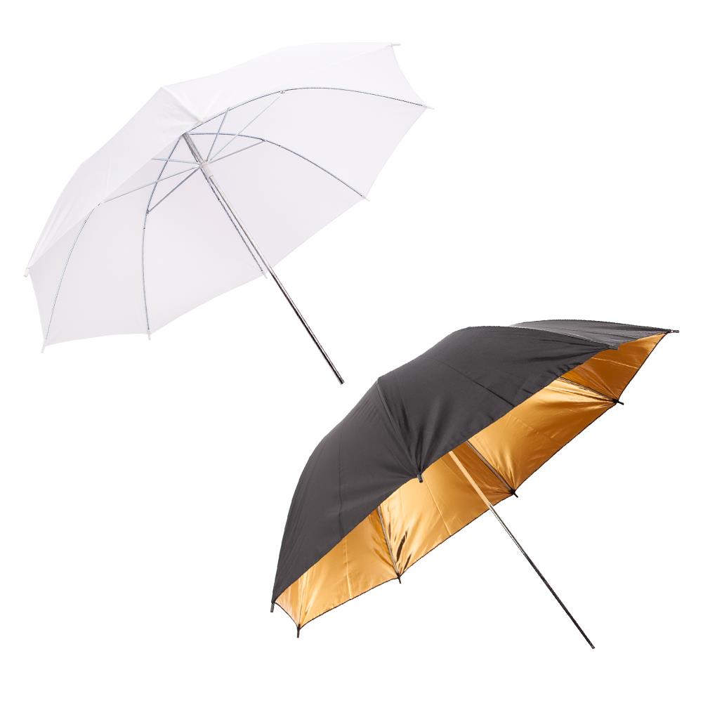 2 x 43" (109cm) Professional Umbrellas, 1x Diffuser, 1x Gold Reflector