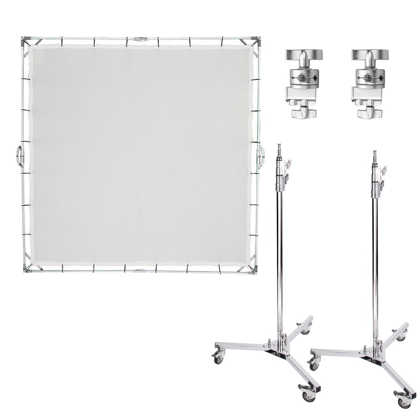 Translucent Butterfly Diffusor 2.4x2.4m 8'x8' Frame with 2x 307cm Wheeled C Stand Collapsible Diffuser Fabric White Silk Cloth Sunbounce Sun Scrim for Large Size Product Photography Film Shooting