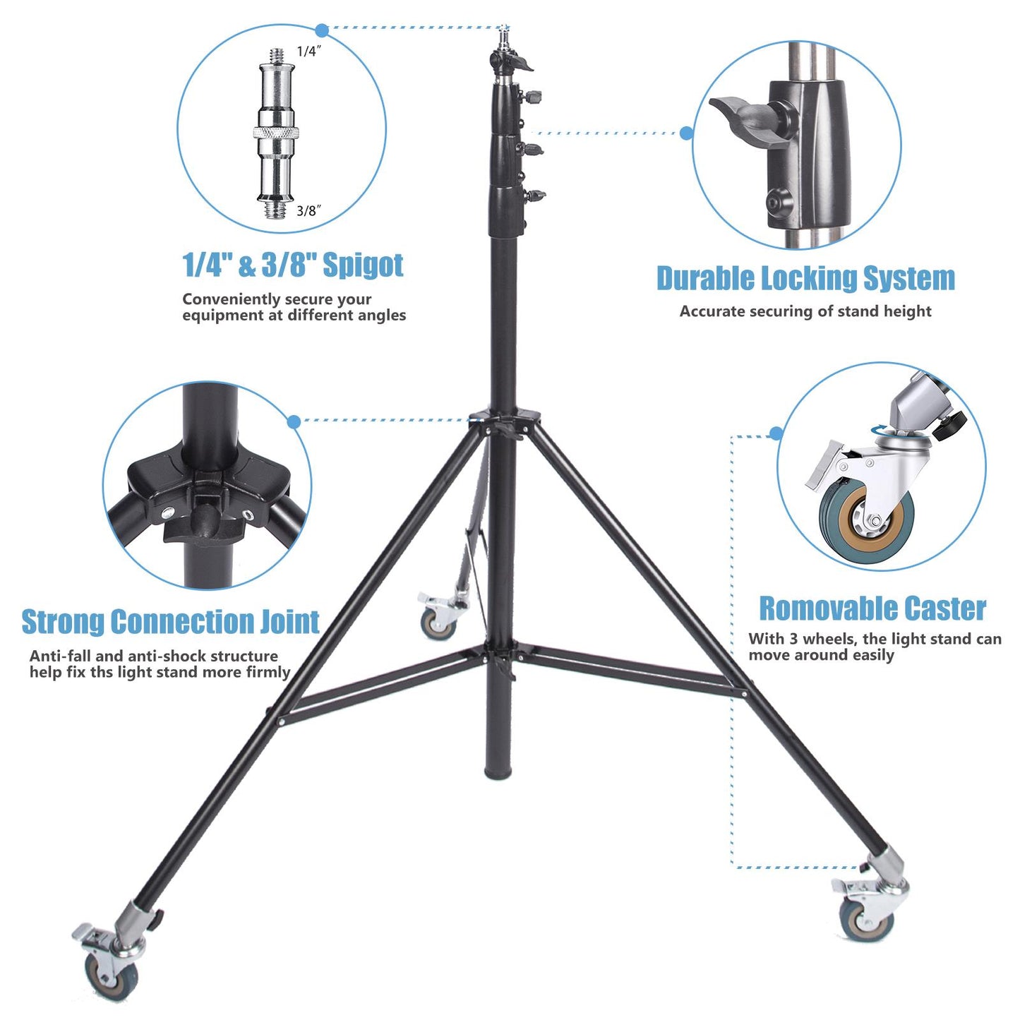 13ft 4M Heavy Duty Light Stand with Pulleys and Carry Bag, Spring Cushioned Tripod Stand, Photography Wheeled Stand for Photo Studio Monolight, Softbox and Other Photographic Equipment, 3 Sets