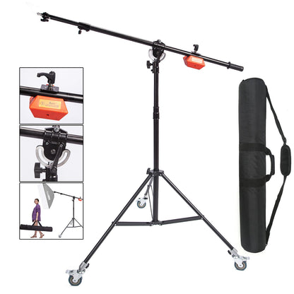 Photo Studio Heavy Duty Boom Light Stand with Boom Arm, Spring Cushioned Boom Arm Tripod Stand Wheeled with Counterweight and 120cm Carry Bag for Photography Video Reflector Softbox Flash Strobe