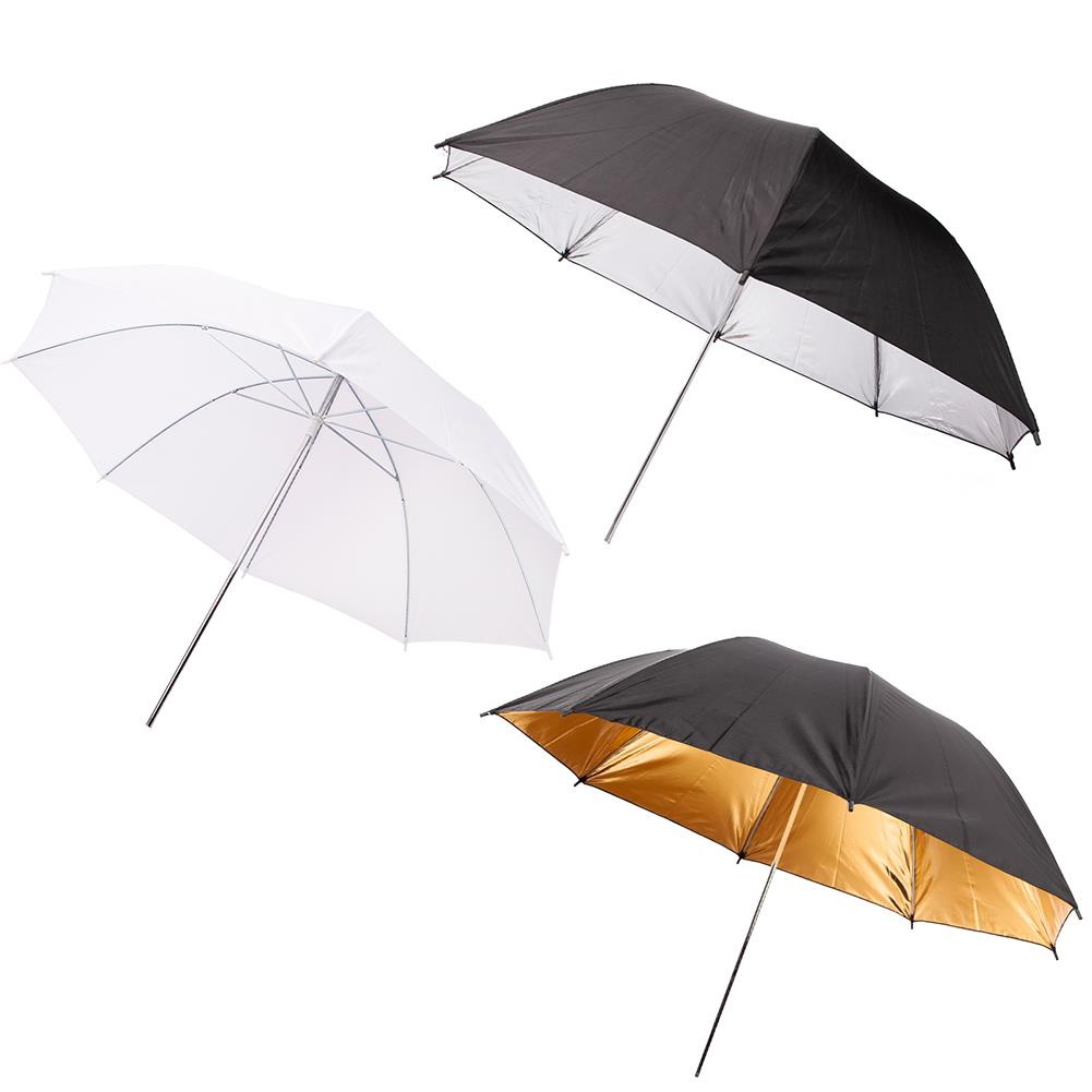 3 x 43" (109cm) Professional Umbrellas, 1x Diffuser, 1x Silver Reflector, 1x Gold Reflector