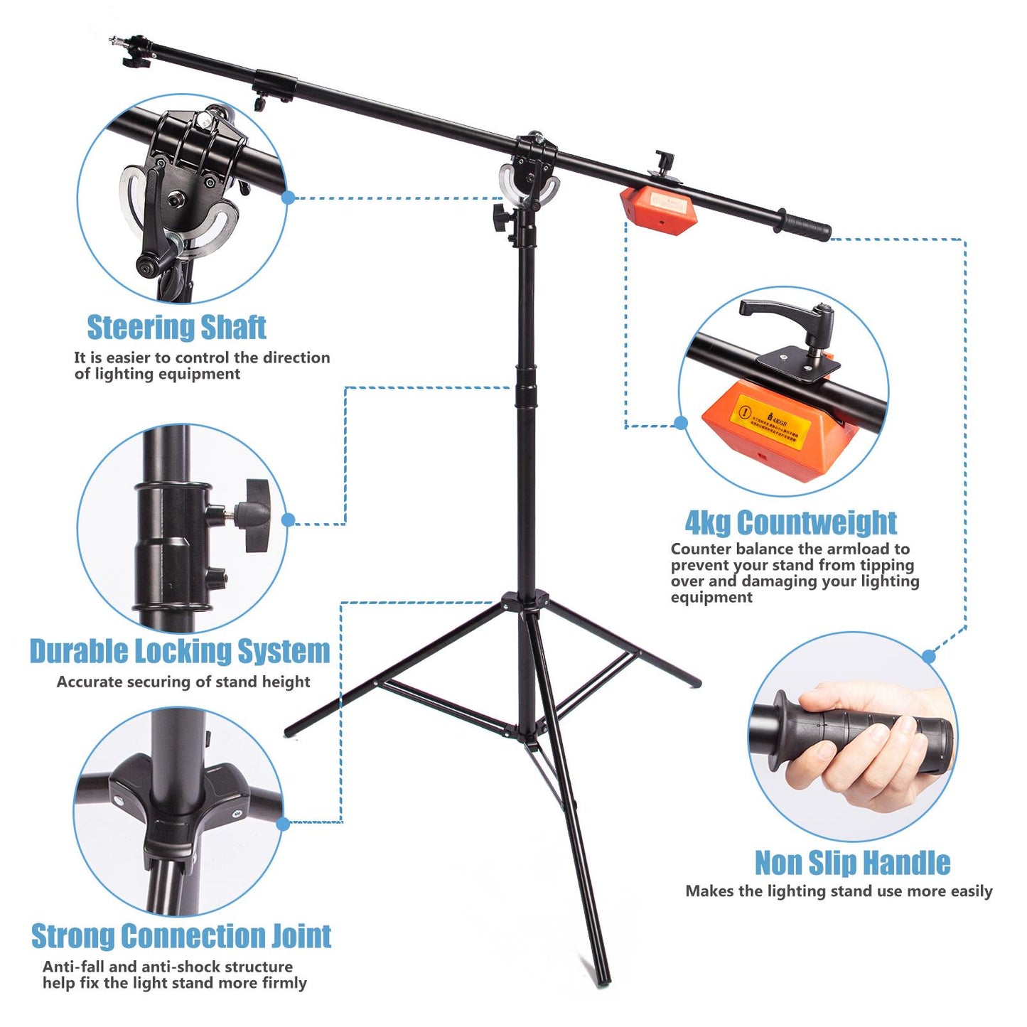 Photo Studio Heavy Duty Boom Light Stand with Boom Arm, Spring Cushioned Boom Arm Tripod Stand Wheeled with Counterweight and 120cm Carry Bag for Photography Video Reflector Softbox Flash Strobe