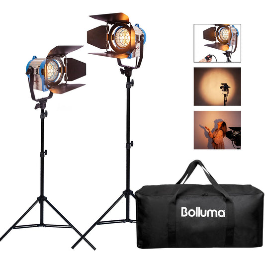 2x 300/500W Studio Fresnel Spotlights, Including 500W Bulbs, 2x 2m Light Stands and a Holdall