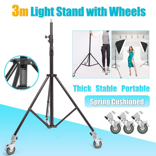 Photo Studio Heavy Duty Light Stand 290CM 9.5ft Wheeled Tripod Stand Professional Photography Light Stand for Mounting Strobe Light, Reflector, Umbrella, Softbox, 1 Set