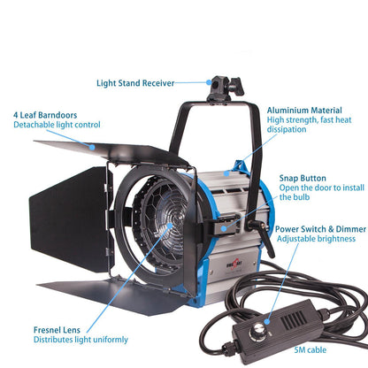 1000W Fresnel Spotlight, Including Bulbs and 3m Spring Cushioned Stand