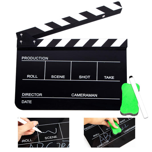Acrylic Plastic Clapper Board for Film, 30x24CM Director's Film Clapboard Movie Cut Action Scene Slate for Movie, Video, TV Show, Studio Live, Black