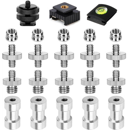 Camera Screw, 23pcs 1/4 Inch and 3/8 Inch Converter Threaded Screws Adapter Mount Camera Hot Shoe Mount to 1/4 Set Camera Spirit Level for Camera/Tripod/Monopod/Light Stand