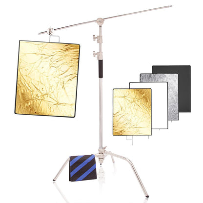 300cm Heavy Duty Stainless Steel C-Stand with 4-in-1 Panel Reflector, 60x75cm Light Reflector Spring Cushioned Light Stand for Photography Studio Portrait Photo Video Shooting Falsh Strobe