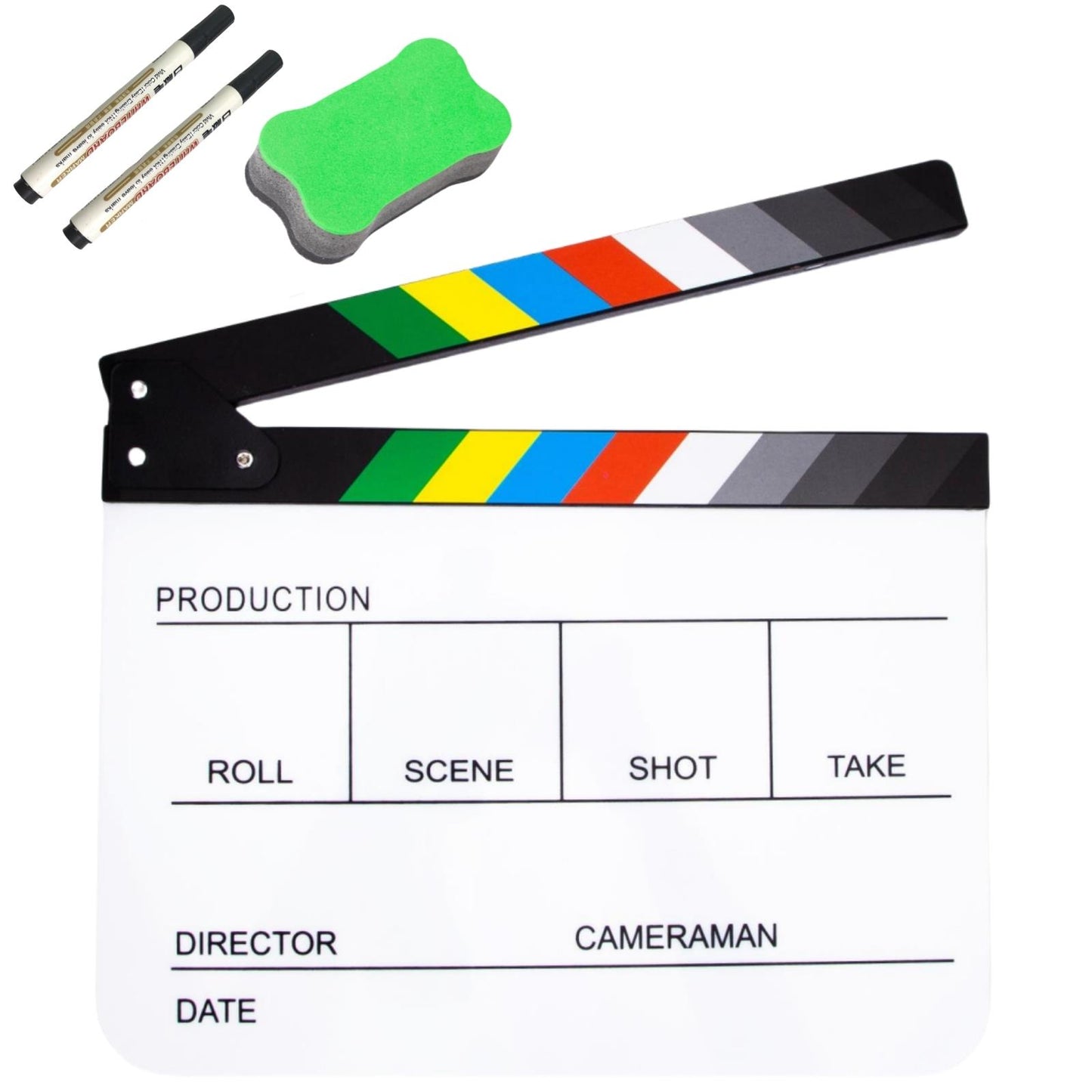 BOLLUMA White Director's Film Clapboard - Easy Wipe Clapper Board with Pen & Eraser for Movies, TV Shows, and Studio Use - 12 x 10 Inches