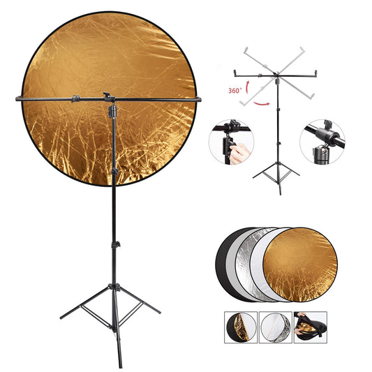 Photo Studio Lighting Reflector and Light Stand Kit, 43.3"/110cm 5in1 Multi-Disc Reflector, 25.5" Light Stand with Telescopic Boom Arm for Photography Video Background Shooting Youtuber Vlogger