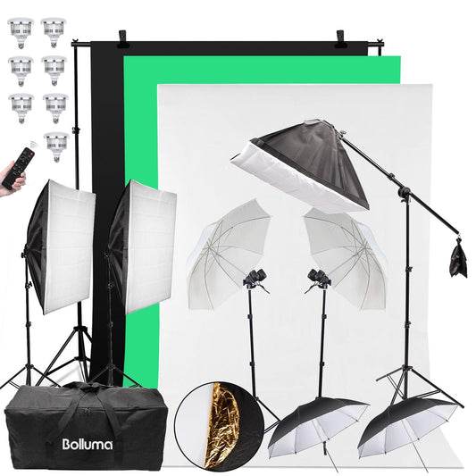 BOLLUMA Background Support System Kit with Backdrops Softbox Umbrella Reflector 85W Dimmable Light Bulb Boom Light Stand Bag Continuous Lighting Kit for Photography Studio Video Portrait Shooting