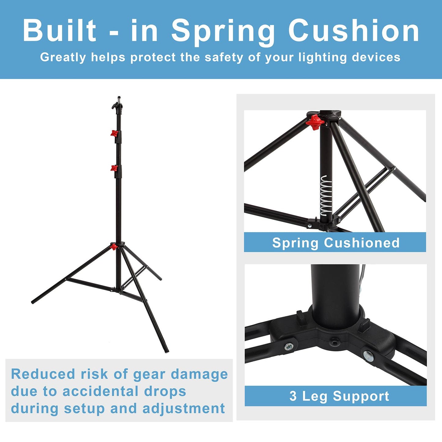 BOLLUMA 270cm Spring-Cushioned Photography Light Stand | Heavy-Duty Steel Tripod with 1/4" to 3/8" Reversible Spigot, 5kg Load Capacity