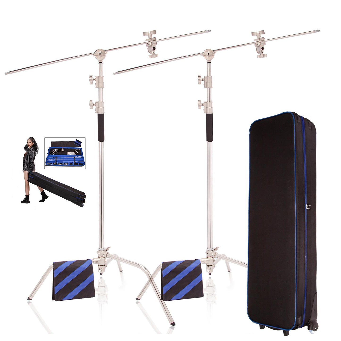 10ft Heavy Duty C Stand Light Stand with 50 inches Extension Boom Arm, 2x Grip Heads, Sandbag and Wheeled Carry Case, Adjustable for Photography Studio Video Reflector, Softbox, Flash, etc, 2 Sets