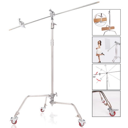 Film C-Stand Kit, Heavy Duty Stainless Steel Light Stand 10ft/300cm with Sliding Leg Wheels Holding Arm Grip Head, Adjustable Century Stand Wheeled for Photography Studio Reflector Lighting Equipment