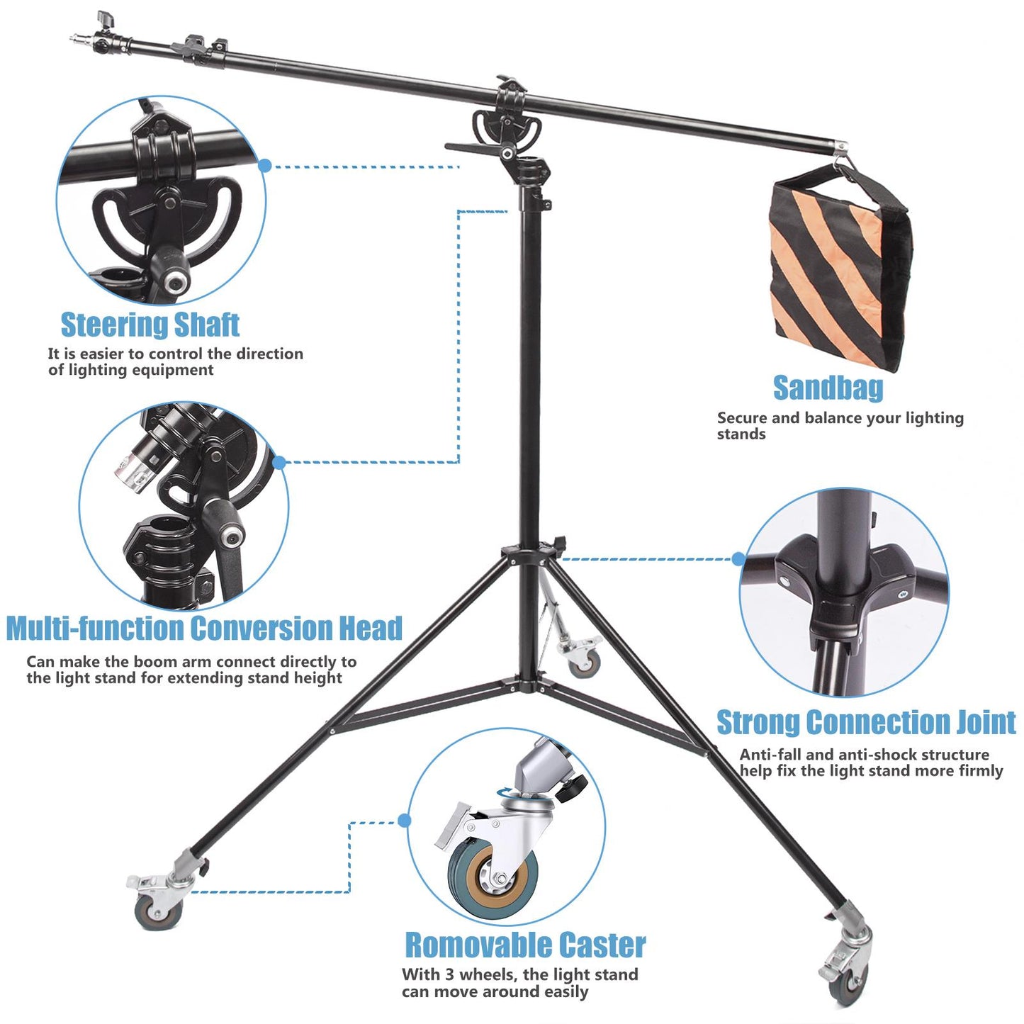 Studio 2-in-1 Professional Light Stand Boom Arm Kit, Adjustable 3.9m Overhead Tripod Stand Wheeled with 1.9m Boom Arm and Sandbag for Supporting Softbox Flash Lighting for Photo Photography Video