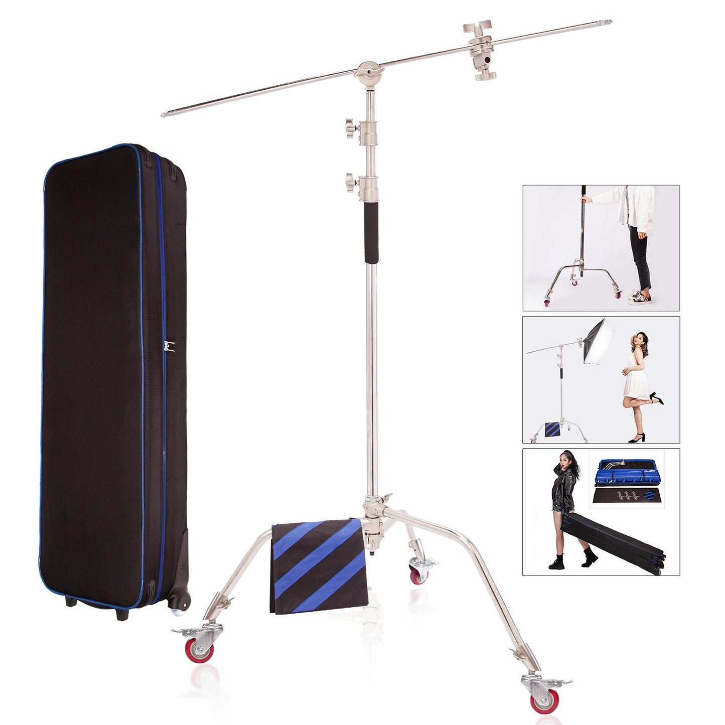 10ft Heavy Duty C Stand Light Stand with 50 inches Extension Boom Arm, 2x Grip Heads, 3x Wheels, Sandbag and Carry Case, Adjustable for Photography Studio Video Reflector, Softbox, Flash, etc, 1 Set