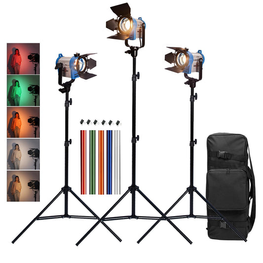 3x 150W Studio Fresnel Spotlight, Including Bulbs, 5 Coloured Gels, 3x 2m Light Stands and a Padded Holdall