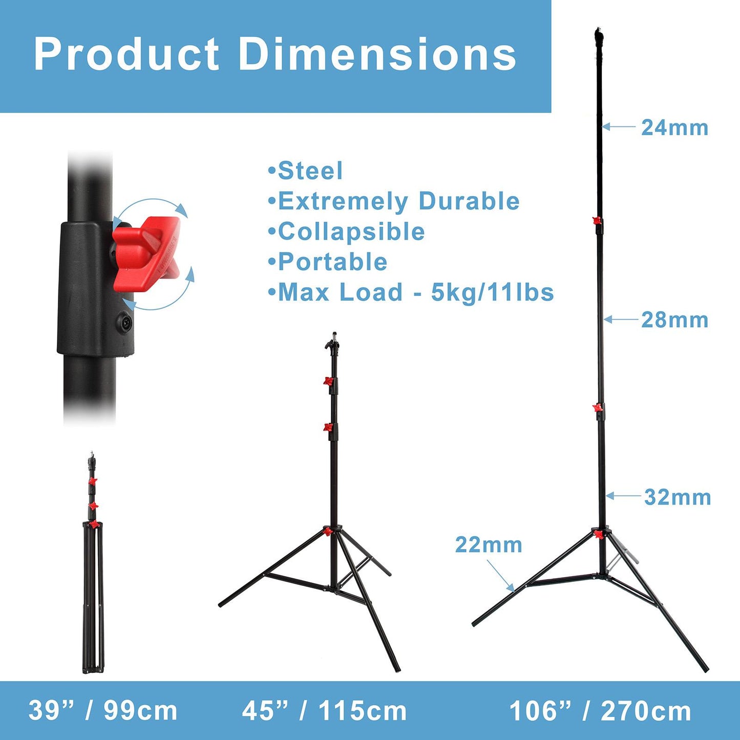 BOLLUMA 270cm Spring-Cushioned Photography Light Stand | Heavy-Duty Steel Tripod with 1/4" to 3/8" Reversible Spigot, 5kg Load Capacity