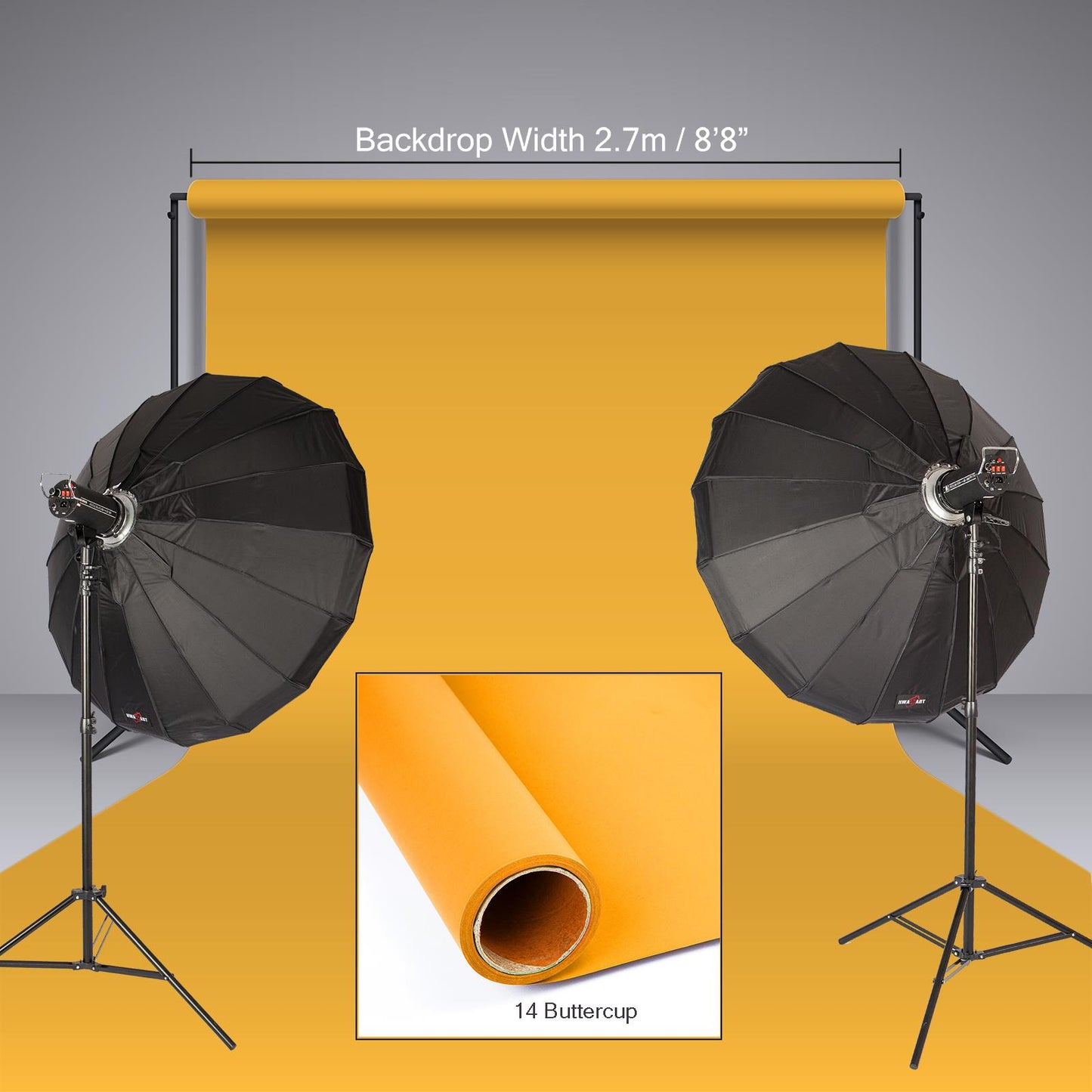 BOLLUMA Buttercup Paper Backdrop 2.7m x 10m and Stand Included