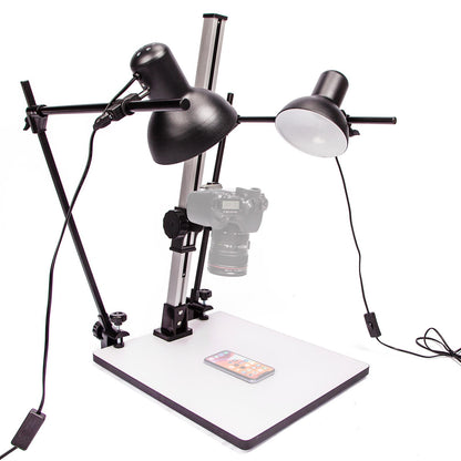 BOLLUMA Copy Stand with Adjustable Arms, Base, 28'' Column, Quick Release Mount and 45w 5500k Bulbs, Mini Light Stand for Photo Video Macro Shoot