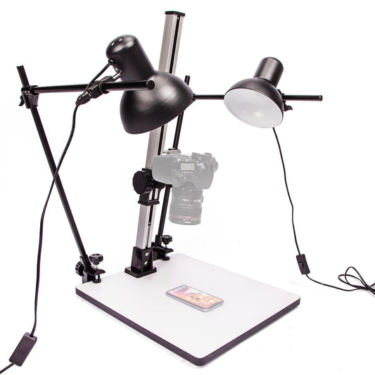 HWAMART Macro Copy Stand with Adjustable Arms, Base, 28'' Column, Quick Release Mount and 45w 5500k Bulbs, Mini Light Stand for Photo Video Macro Shoot