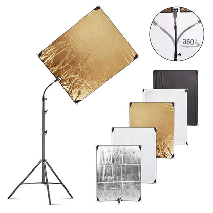 PYXEL STUDIO Flag Panel Reflector Kit 80x100cm 5-in-1 Photography Lighting with 250cm Light Stad and Carry Bag, White, Gold, Black, Silver Translucent Diffuser for Photo Video Flash