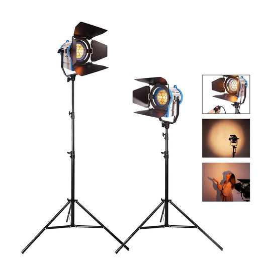 2x 650W Studio Fresnel Spotlight, Including Bulbs and 2x 3m Spring Cushioned Light Stands