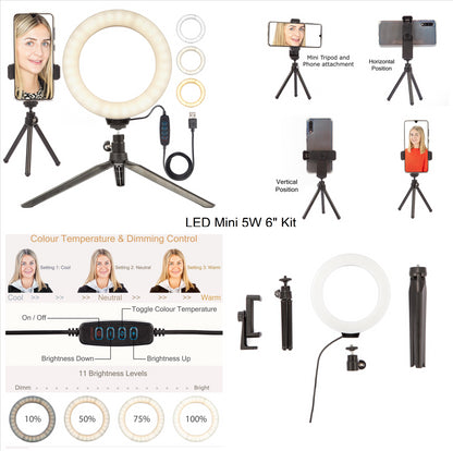 LED Ring Light 6" Desktop Makeup Mini Tripod Stand Camera Holder Kit - for Beauty Selfie Video Portrait Product Photography Youtube Live Stream - 3 Colour Modes, USB Cable & Remote