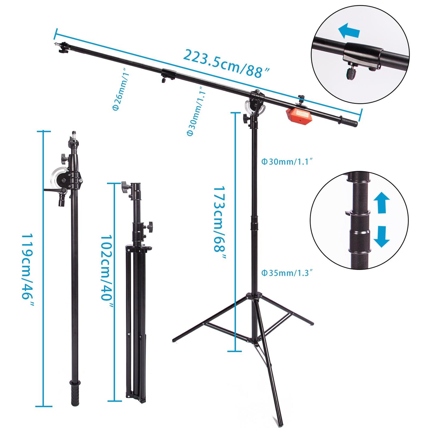 Photo Studio Heavy Duty Boom Light Stand with Boom Arm, Spring Cushioned Boom Arm Tripod Stand Wheeled with Counterweight and 120cm Carry Bag for Photography Video Reflector Softbox Flash Strobe