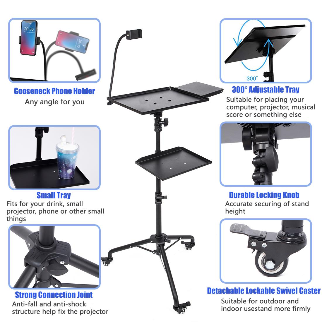 BOLLUMA Projector Tripod Stand, Laptop Floor Stand with castors and Carry Bag, Adjustable Height 31.9" - 51.2" with phone holder, for Laptop, Projector, DJ Device, Home, Stage, Studio and Movie