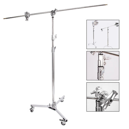 Professional Super Heavy Duty Boom Stand Kit, 127cm/ 50" Solid Boom Arm 307cm/ 120.8" Chrome-plated Light Stand Rod Kit with Grip Head C-Stand Base Castor Wheels for Photo Video Studio Photography